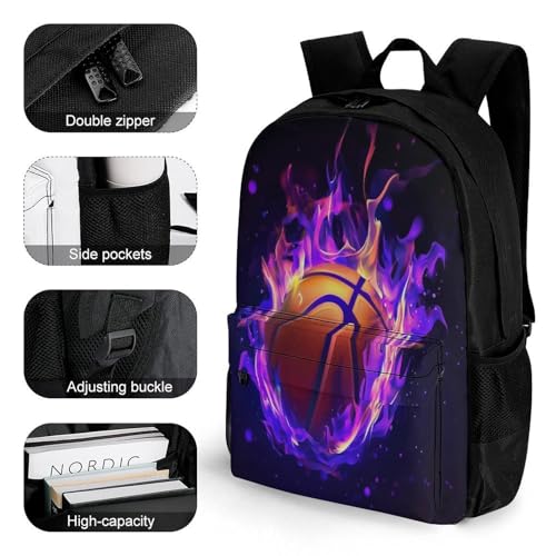 Men's Cool Purple Fire Flame Basketball Travel Backpack, Breathable Adjustable Strap Shoulder Bag for Climbing, Large Capacity Backpack with Side Pockets3