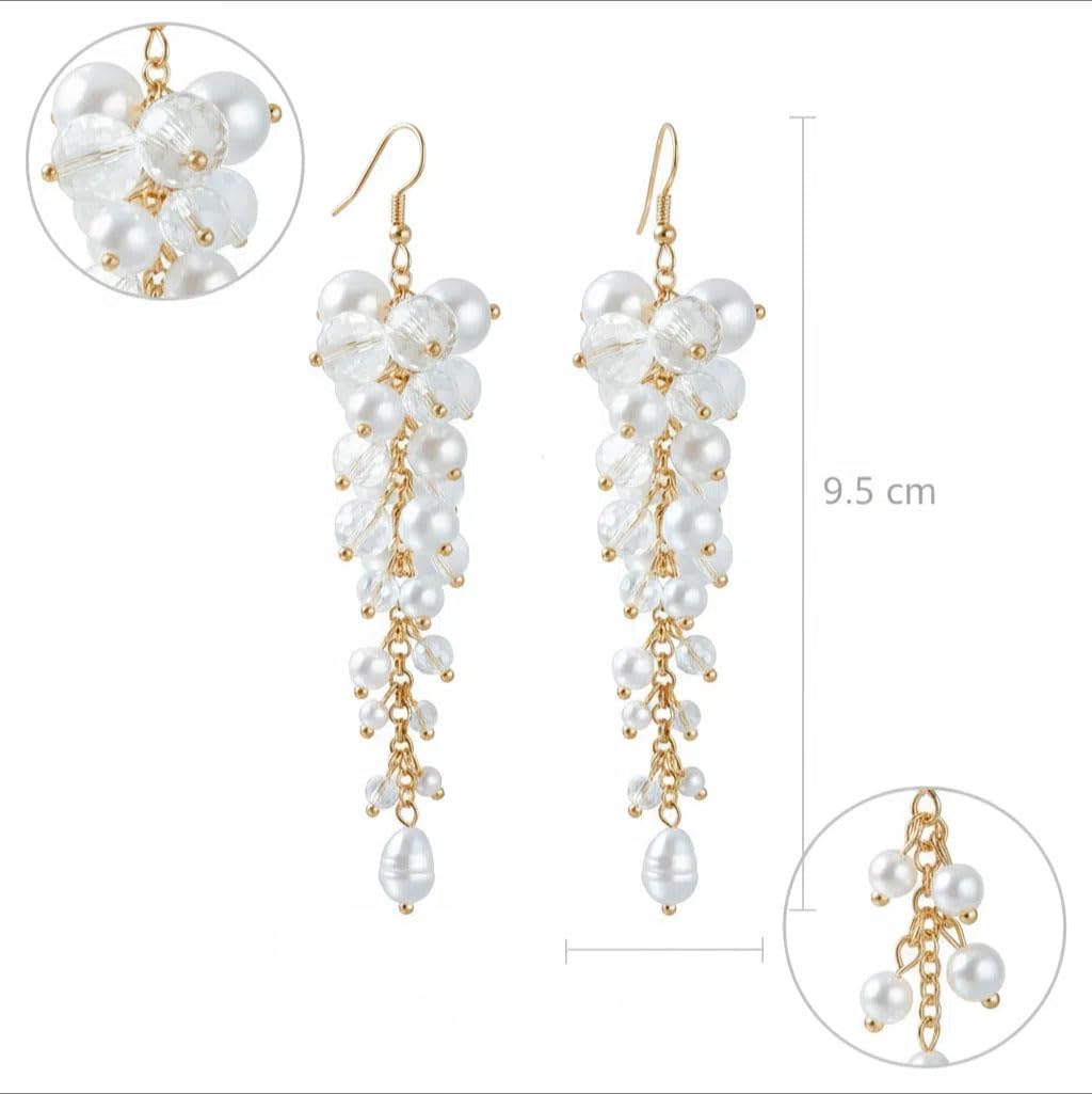 Pearl Drop Earrings for Women Trendy, Gold Plated Chain Fringe with Crystal Pearl Dangling Long Tassel Dangle Chandelier Earrings Wedding Prom Jewelry Gifts - Image 3
