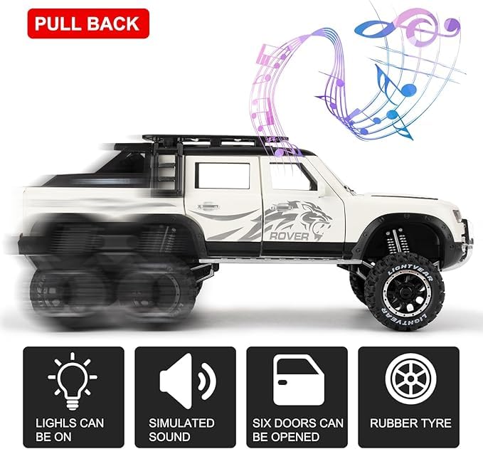 Image of Invite Enterprise Land Rover Defender Six Wheels Off-Road Pickup Car Model - 1:24 Scale Diecast Truck with Pull Back Action, Sounds & Lights - Perfect Collectible for Kids and Adults Multicolor
