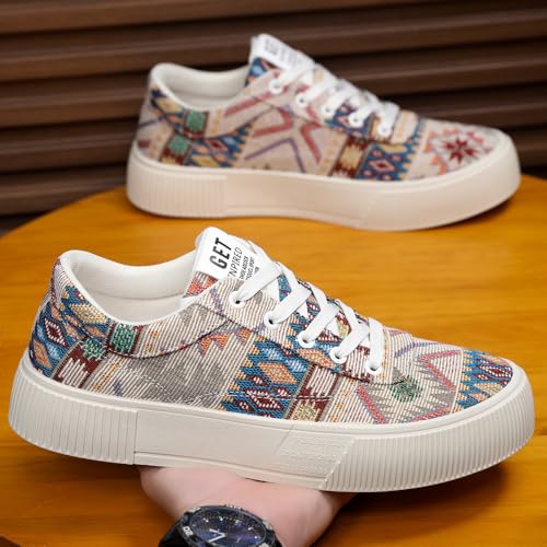tazimall Men's Ethnic Pattern Lace-up Platform Sneakers, Casual Canvas Shoes3
