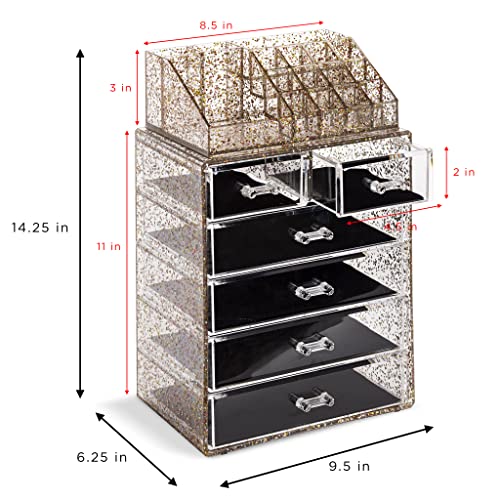 Image of Sorbus Acrylic Makeup Organizer Set, 6-Drawer Vanity & Countertop Cosmetic Storage with Small & Wide Compartments, Glitter Makeup Storage for Brushes, Jewelry - Holiday Gift for Women & Teens