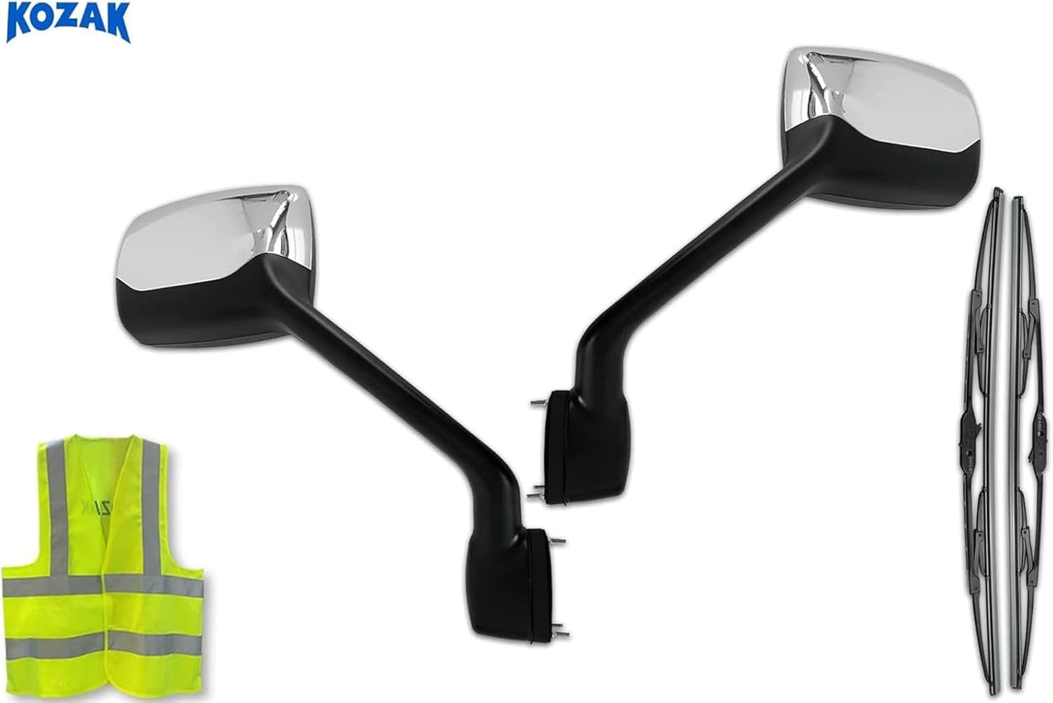 Kozak Chrome Hood Mirrors Pair (Left Driver & Right Passenger Side) Compatible with Kenworth T680 2011-2021, 587 579 2010-2017 PLUS Logo, Wipers and Vest