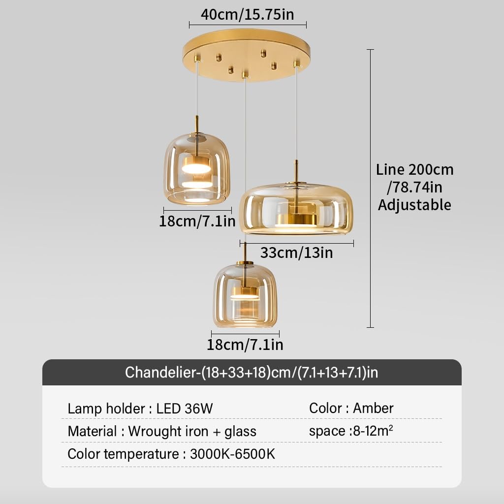 Pendelleuchte Esstisch Hängelampe Glas 3 Flammig Hängeleuchte Vintage Bernstein Esstischlampe Retro E27 Pendellampe Höhenverstellbar Für Esszimmer Wohnzimmer Küche Restaurant(Amber,3 lights-A)