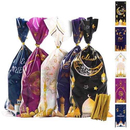 ZMENCY 100 Pcs Eid al-Adha Gift Bags with Twist Ties - 5 Designs Eid Mubarak Cellophane Treat Goodie Bags for Hajj Mubarak Party Favors Family Gatherings Candy & Gifts