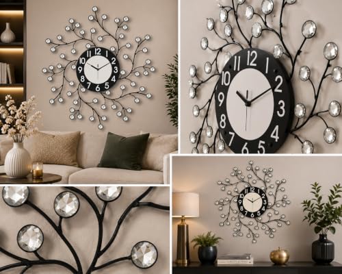 Image of CHRONIKLE Beautiful Round Diamond Studded Analog Floral Design Home /Office Decor Metal Crystal Wall Clock with Sweep Movement (Size: 60 x 5 x 60CM | Color: Black & Silver | Weight: 1030grm)