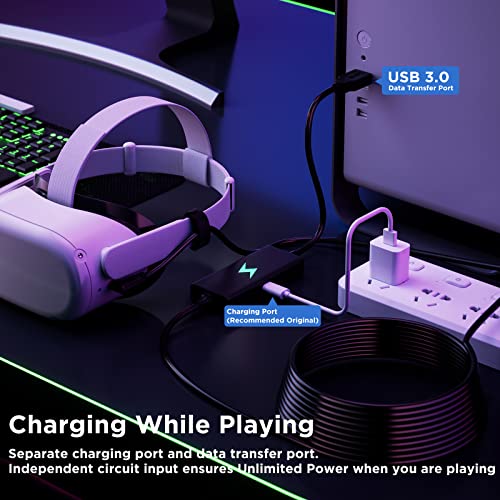 Qwos Link Cable 16Ft For Oculus Quest 2, With Separate Charging Port For Unlimited Playtime, Usb 3.2 Gen 1 High Speed Data Transfer, Vr Headset Cable Accessories For Pc/Steam Vr #TOP1
