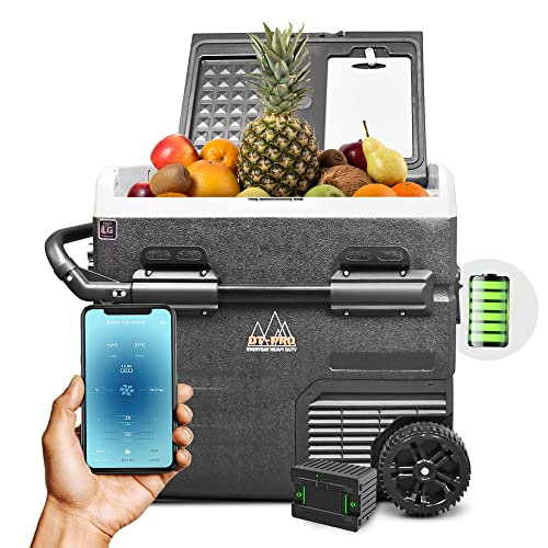 12V Portable Refrigerator Battery Operated Camping Fridge&Freezer, Off-grid Solar-Powered Cooler with Wheels, LG Comp' Fast Cooling, Electric Iceless travel Cooler, Work with12v/24V DC & 100-240V AC