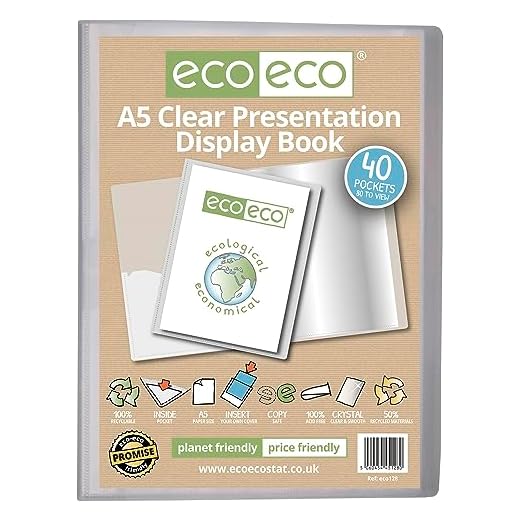 eco-eco Libro de presentación transparente de 40 bolsillos, tamaño A5, 50% reciclado, carpeta de arte con fundas de plástico, eco128