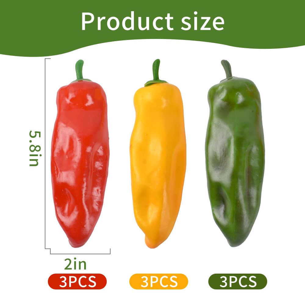 HUIANER Artificial Pepper 9PCS Simulation Chili Fake Hot Chili Peppers Faux Vegetable Red Yellow Green Pepper for Home Kitchen DIY Crafts Photo Props Decoration