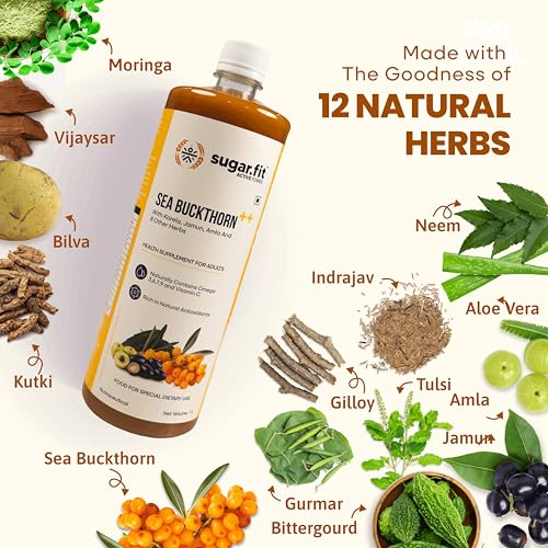Image of Sugar.fit Himalayan Sea Buckthorn Juice 1000ml | Cold Pressed Seabuckthorn Berry Pulp with 14 Herbs - Amla, Karela, Jamun | Natural Vitamin C, Omega 3 6 7 9 | Immunity, Skin Glow & Gut Health