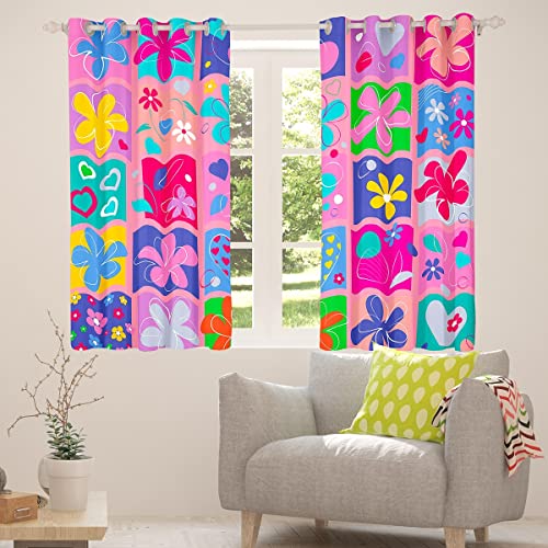 Flowers Curtains 84Wx63L,Colorful Groovy Blossom Blackout Curtains Kawaii Room Decor For Teens Girls,Retro Hippie Flowers Botanical Curtains & Drapes Cute Geometric Grid Patchwork Window Curtains #TOP2