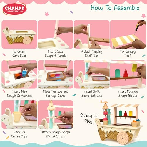 Image of Chanak Play Dough Ice Cream Maker Set, Safe Non-Toxic Wooden Ice Cream Cart Toy with Clay Machine for Kids 3+, Montessori Pretend Play Toy Cafe, Perfect Learning Gift Ice Cream Toys for Girls & Boys