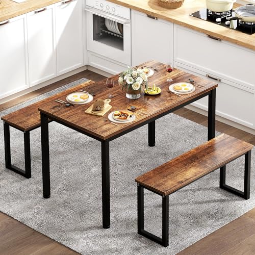SogesHome Essguppe Esstisch mit 2 Bänken, 3er-Set, Küchentisch Esszimmertisch 100 x 60 x 74 cm aus Metallframe und Holzwerkstoffen für Esszimmer Küche Wohnzimmer (Vintage)