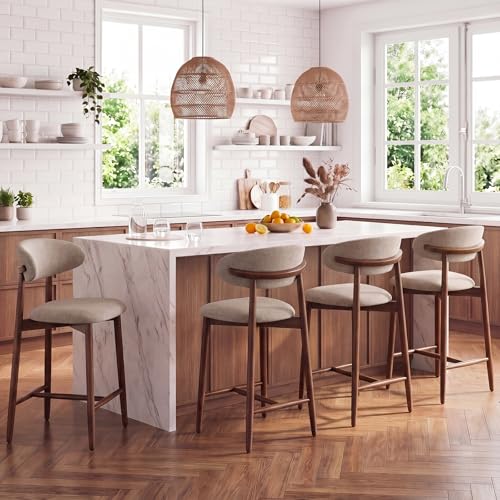 Image of MALOL Counter Height Bar Stools Set of 4, Kitchen Bar Stools with Back, Mid Century Modern Upholstered Barstools with Wood Legs for Kitchen Island Dining Room, Camel