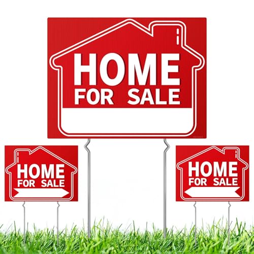 For Sale By Owner Yard Sign Kit (3 Pack) - Home For Sale Design with Directional Arrows - 17x13 Double Sided Waterproof Real Estate Signs with Metal Stakes - FSBO