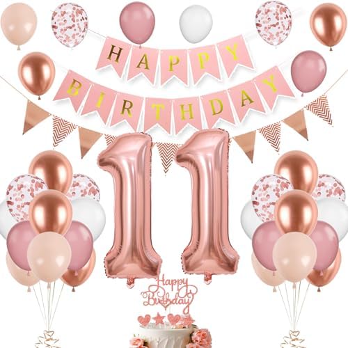 11. Geburtstag Deko Roségold, Luftballon 11. Geburtstags, Geburtstagsdeko 11 Jahr, Mädchen 11 jahre Geburtstags Deko-Set, Zahl 11 Luftballons Tortendeko Roségold Weiß Ballons für G