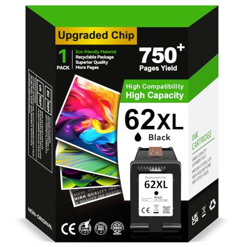 Tinta 62XL Negro Alta Capacidad - 750+ Páginas, Reemplazo para Cartucho HP 62 Negro Original, Tinta Impresora 62 XL para OfficeJet 200 250 5742 5740 Envy 7640 5540 5640 5544 5646 5548 5545 5547 5541