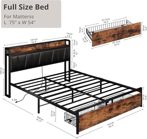 Image of LIKIMIO Full Size Bed Frame with 2 Drawers and Charging Station | Platform Bed with Upholstered Storage Headboard, No Box Spring Needed, Easy Assembly, Sturdy, Industrial Brown and Black