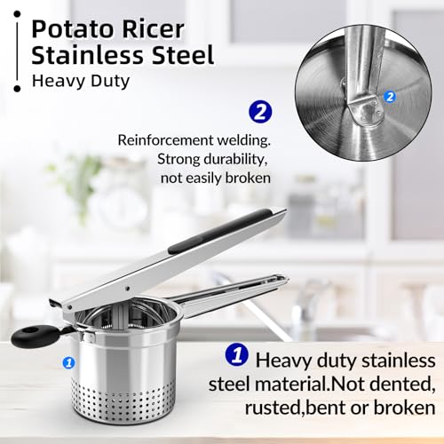 Potato Ricer, Large 15 oz Potato Masher Make Fluffy Mashed Potatoes With Extra Hole, Heavy Duty Potato Ricer Stainless Steel, Comfort Non-slip Silicone Handle Ricer For Mashed Potatoes