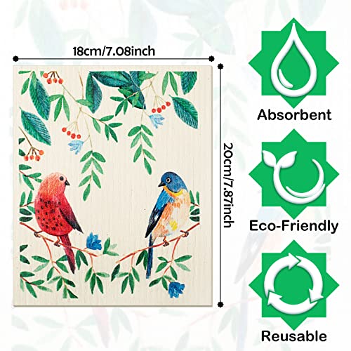 8 Pcs Swedish Kitchen Dishcloths Kitchen Towels Absorbent Swedish Reusable Sponge Cleaning Dish Cloths Quick Drying Kitchen Swedish Washable Decorative Tea Towels Bar Hand Towel (Bird Style) #TOP2