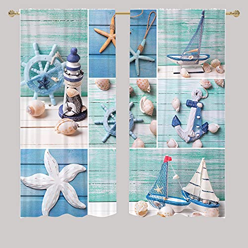 Eiichuang Nautical Curtains, Lighthouse Anchor Rudder Theme Starfish Shell Conch Pattern Rod Pocket Curtains, Window Drapes Suitable For Bedroom Living Room Kitchen Cafe 2 Panels Set 42 X 63 Inch #TOP22