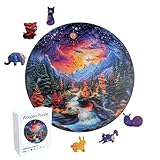 wocpvm Puzzle de Madera para Adultos - Paisaje Fantástico de Montaña, Bosque y Río con Cielo Estrellado - Piezas Irregulares y Únicas con Caja de Regalo para Regalo Familiar (29 x 29 cm)