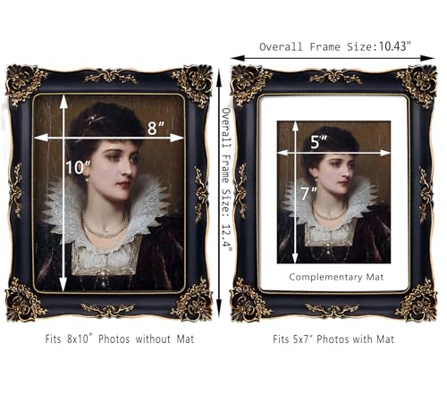Image of Gothic Picture Frame 8x10 Black Vintage Picture Frames Victorian | Real Glass, Wall or Tabletop Display, Fits 8x10 or 5x7 Photo with Mat