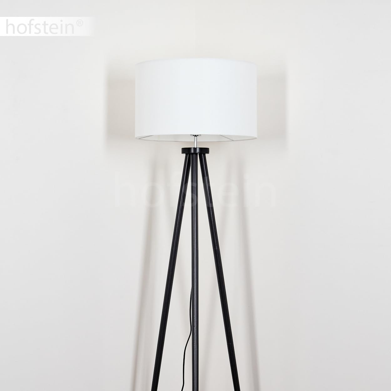 Felmming lampa stojąca, lampa podłogowa z drewna/tkaniny w kolorze czarnym/białym, lampa w skandynawskim designie z okrągłym kloszem (Ø 50 cm) i włącznikiem nożnym, wysokość 155 cm, 1x E27 bez żarówki