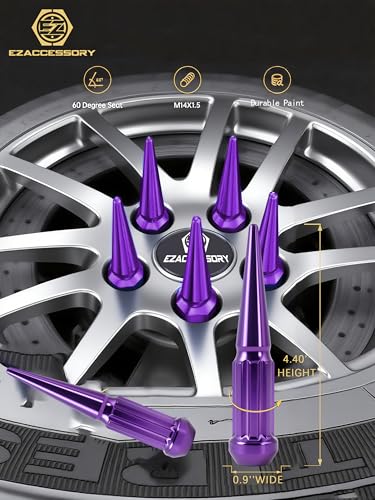 Image of EZAccessory 14x1.5 Spline Spike Lug Nuts 24 Pieces Purple with Key Bulge Acorn Lug Nut for Chevy Silverado GMC Sierra 1500 2500 3500