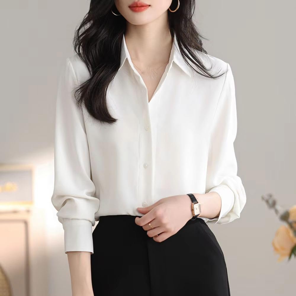 Women's Simple Solid Chiffon Shirt Office Lady Elegant Long Sleeve White Blouse Top Female Clothes