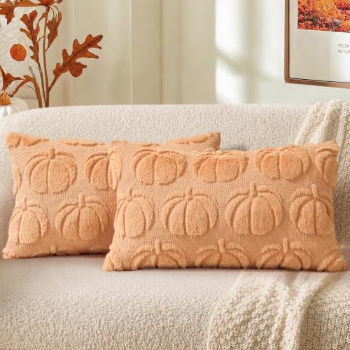 Image of decorUhome Fall Decorative Pumpkin Throw Pillow Covers 12x20 Set of 2, Soft Faux Fur Plush Farmhouse Accent Pillow Cases for Couch Bed Sofa Autumn Harvest Halloween Holiday Home Decor