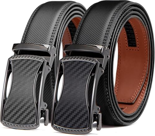 35 mm Genuine Leather Men’s Ratchet Belt 2-Pack Classic Dress Casual Gift Box Trim-to-Fit (Carbon Fiber Black/Grey,42" to 48" Waist Adjustable)