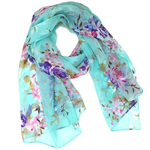 Fashionable Floral Print Soft Chiffon Scarf - Cyan #TOP29