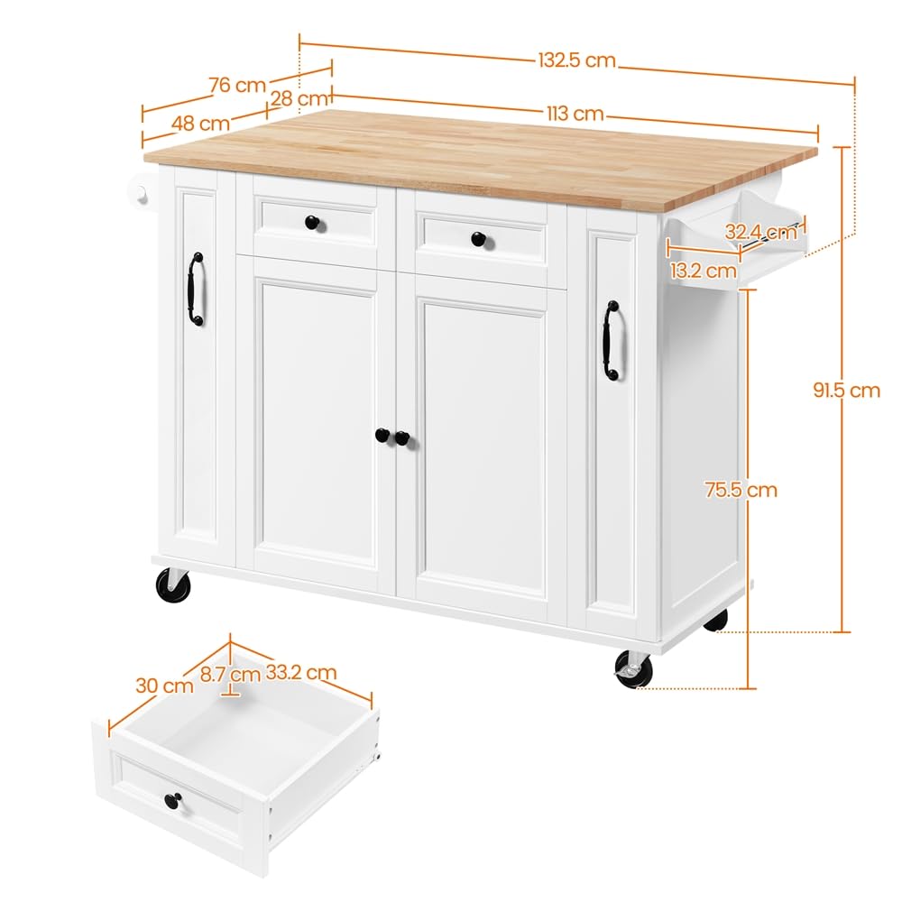 Yaheetech Carrello da Cucina con Ruote e Piano di Lavoro Pieghevole Credenza Salvaspazio per Microonde con Cassetti per Cucina o Sala da Pranzo 132,5 x 91,5 x 76 cm Bianco