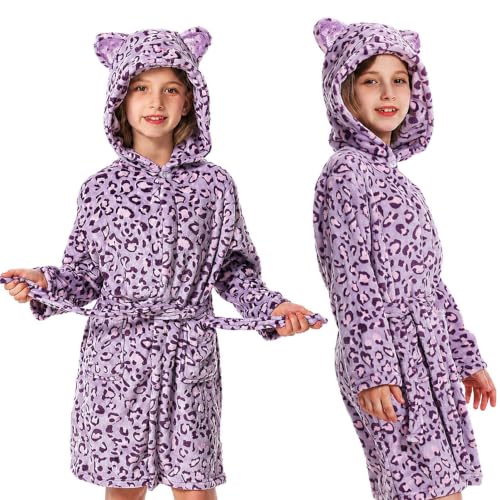 ACTLATI Leopard Cat Fleece Hooded Robe for Girls, Plush Bathrobe With Pockets for 3-12 Years Kids Birthday Gifts
