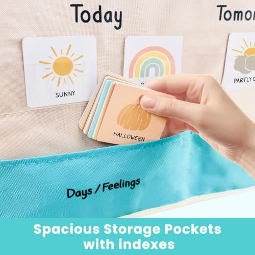 Image of Classroom Boho Calendar & Weather Pocket Chart with 111 Cards, Circle Time Learning Center for Kids and Toddler, Preschool Must Haves!