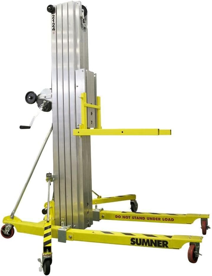 The Sumner 2124 Contractor Lift with its legs extended and forks in position, ready for use.