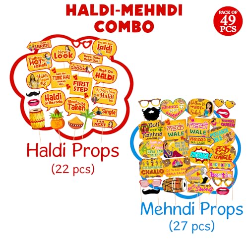 Zyozique ® Mehndi Photo Booth Props and Haldi Photo Booth Props for Wedding, Props for Bride and Family, Bride to Be Props (Pack of 49) Photobooth Card Size - Lenth-6.7 inch and Width-4.5 inch