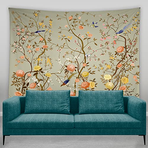 Flowers Tapestry Bird Tree Retro Spring Floral Branch Asian Oriental Chinese Landscape Gray Brown Hand Drawn Art Painting Unique Home Decor Wall Hanging Art For Living Room Bedroom Dorm(90X71 Inch) #TOP1