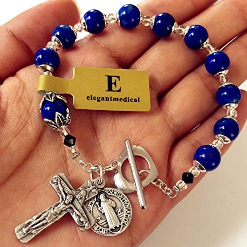 Elegantmedical Handmade Catholic Lapis Lazul Bead Bracelet Rosary Cross + Sterling Silver Beads Caps #TOP2