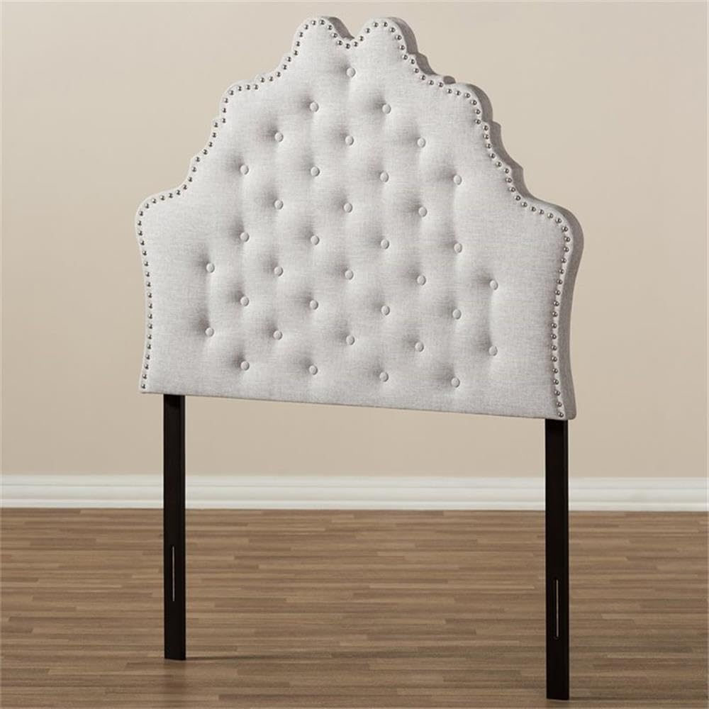 BOWERY HILL Modern Twin Panel Headboard, Grayish Beige Upholstered Fabric, Tufted with Silver Nail Trim, Solid Rubberwood and MDF, Foam Padded Bedroom Accent Furniture