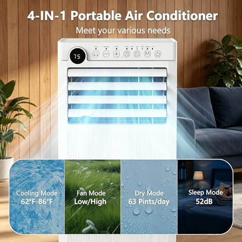 Image of Electactic 10000 BTU Portable Air Conditioners, 4-in-1 Portable AC Unit Up to 450 Sq.Ft., Air Conditioner Portable with Cool, Fan, Dehumidifier, Auto Drain, 24H Timer, Remote & Window Kit, for Bedroom
