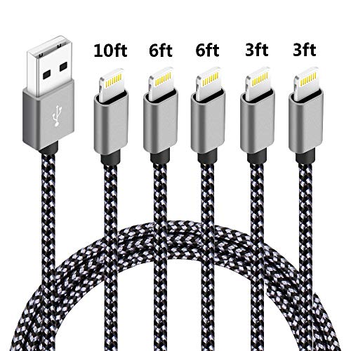 5 Pack (3ft,3ft,6ft,6ft,10ft) Nylon Braided Charging Cord Charger Compatible with PhoneX/8/8Plus 7/7 Plus/6s/6s Plus/6/6 Plus/5s/55se,Pad,Pod-Gray+Black