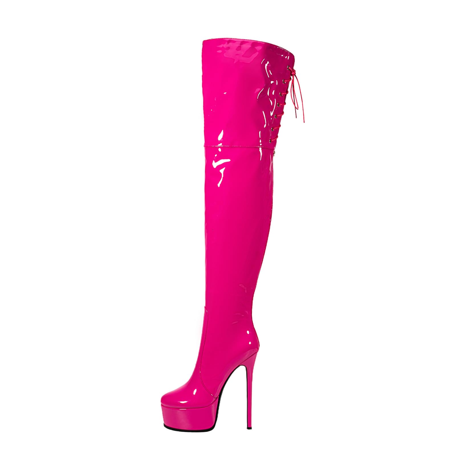 Shiny leather Thigh high boots for Women Stiletto heel Platform Over the knee Round toe back zipper Sexy Front Strappy high heel Cosplay Custume unisex boots