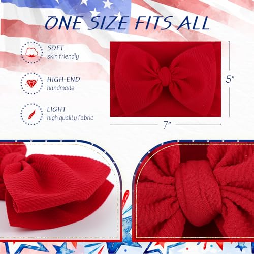 Hairband, 4th of July Accessories for Baby Girls, Soft and Stretchy Nylon Headbands for Newborn to Toddler, 7" Includes 2 Large Bow Headbands, Red Blue Headband, Children4