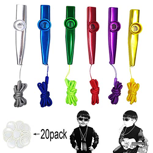 Fartime 6Pcs Metal Kazoos With Lanyards,With 12Pcs Kazoo Flute Diaphragms，Musical Instruments,Good Gift