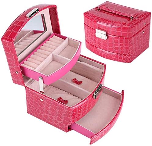Yosoo Health Gear 3 Layers Jewelry Box for Women, Jewelry Organizer with 2 Drawers, Necklace Rings Storage Box Case with Mirror for Rings, Earrings, Necklaces and Lady Gift(rose red)