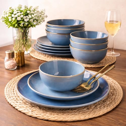 Image of GBHOME Dinnerware Sets with Double Bowls for 6, 24 Pieces Stoneware Plates and Bowls Set, Scratch Resistant Ceramic Dishes Set, Dishwasher & Microwave Safe-Alaskan Blue