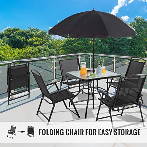 Vongrasig 6 Pieces Folding Patio Dining Set, All Weather Small Metal Outdoor Table And Chair Set, Garden Patio Furniture Set W/Umbrella, Glass Table & 4 Folding Chairs For Lawn, Deck, Backyard, Black #TOP4