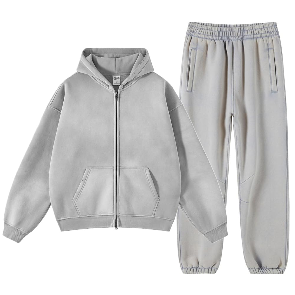 Tuta casual da donna, set da due pezzi, per autunno e inverno, in pile, con lavaggio acido, stile vintage, felpa con cappuccio con tasca, pantaloni della tuta Y2K